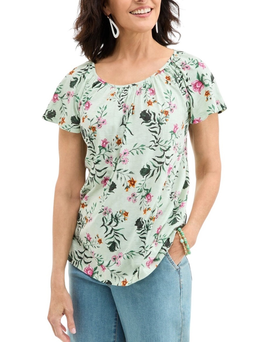 Style & Co. Women's Printed Scoop-Neck Flutter-Sleeve Knit Top Blouse XXL Green